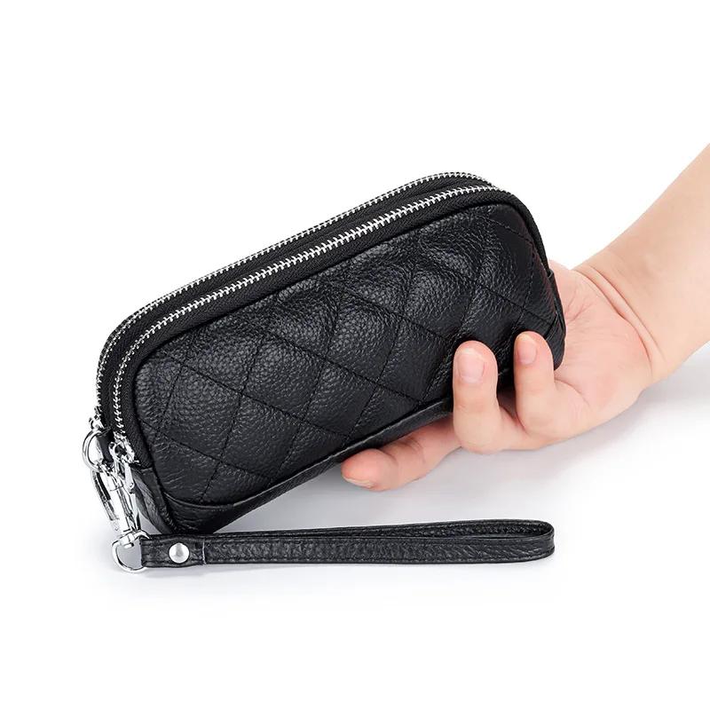 Double Zipper Clutch Bag for Women Genuine Leather Coin Pocket Money Purse Women's Clutches Female Clutch Purse with Wrist Strap
