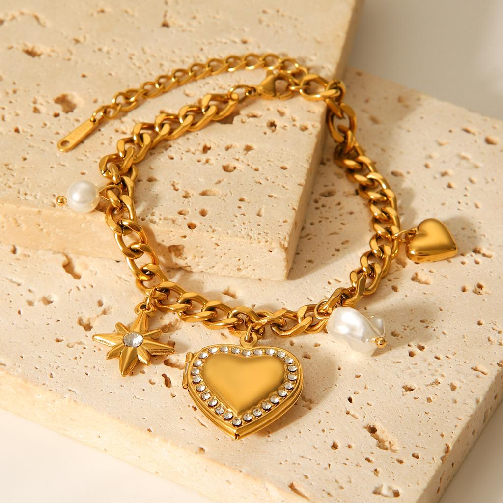 Cuban Chain Diamond-encrusted Heart Eight-pointed Star Pendant Bracelet, Unique Trendy Jewelry
