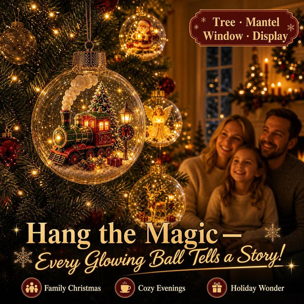 8Pcs 3D Glowing Christmas Story Ornament   3.15 Inch Miniature Diorama Ball with Warm LED Light   Shatterproof Plastic Holiday Tree Decor Gift