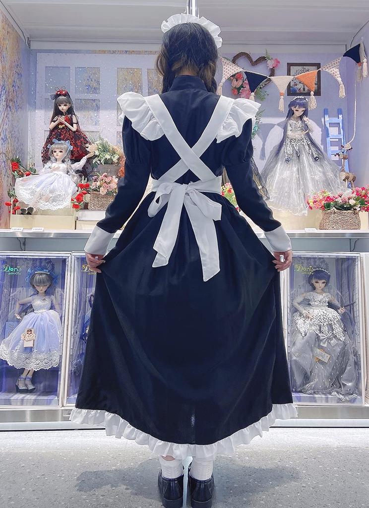 YIUHK Dienstmädchen Lang Lolita Halloween Klassisch Inklusive Haarreif und Set Damen Britischer Stil Outfit, Ärmel, Cosplay, Kostüm, Kleid, Schürze, Veranstaltung,