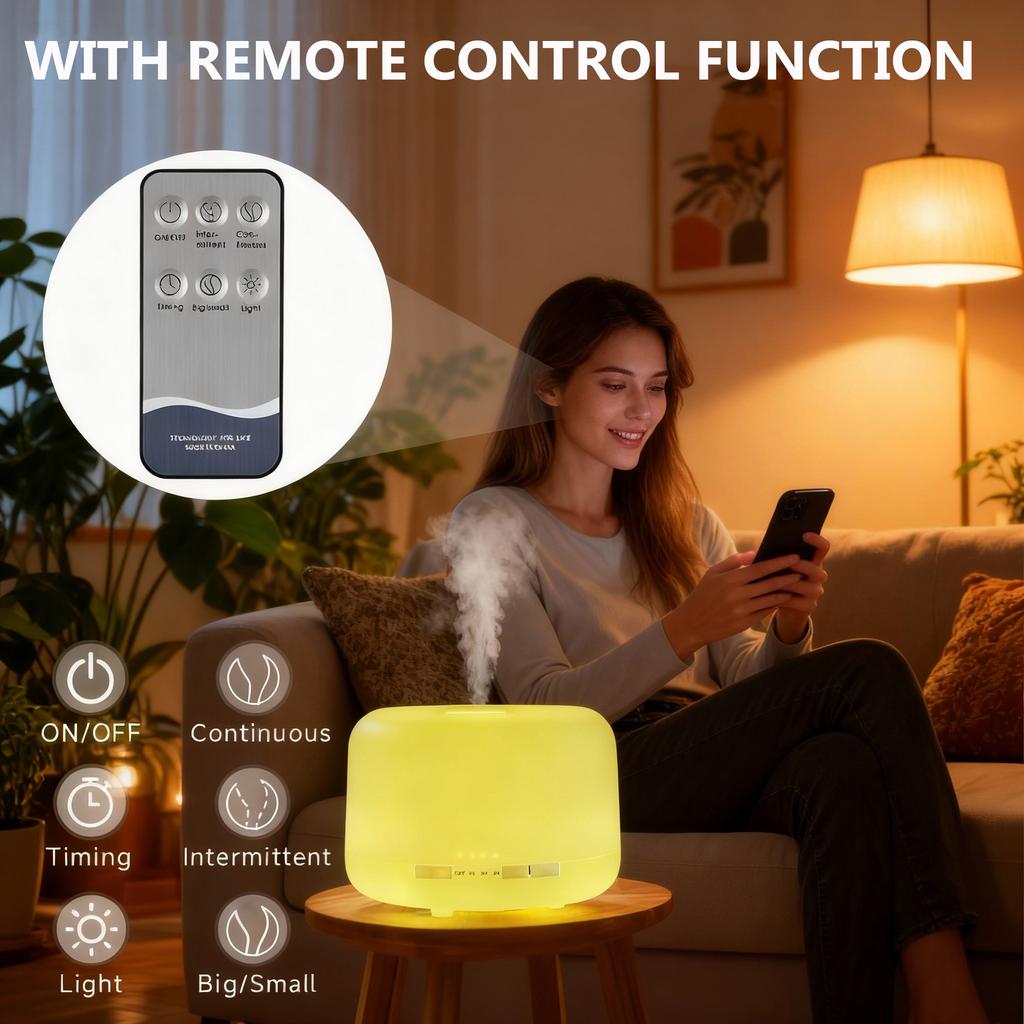 500ml Ultrasonic Air Humidifier Bedroom Aroma Diffuser with Remote Control, Auto-off and 7 Colors Light Bedside Table Light