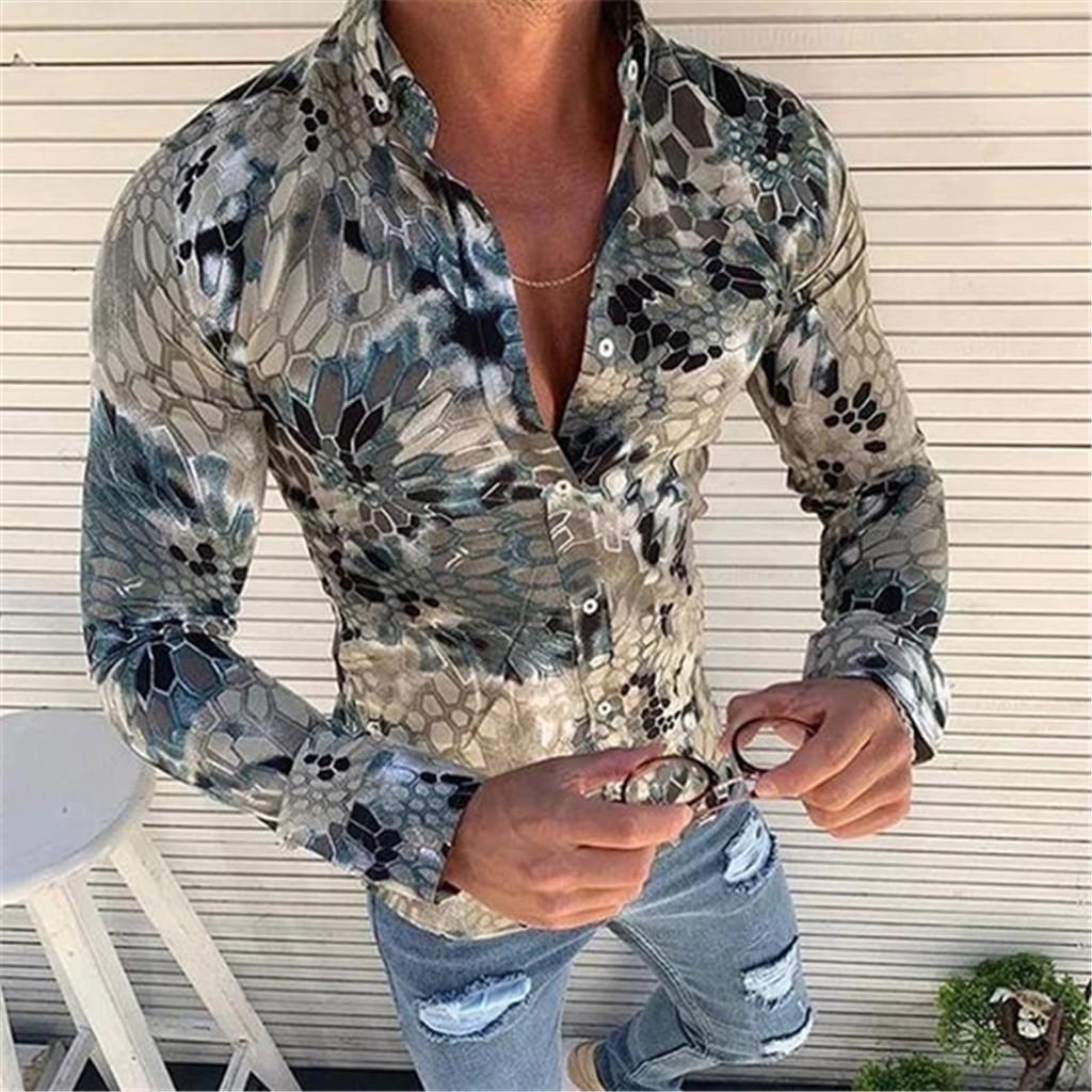 Camicia da Uomo Moda Creativa Slim Fit con Stampa Astratta Maniche Lunghe Camicia Casual