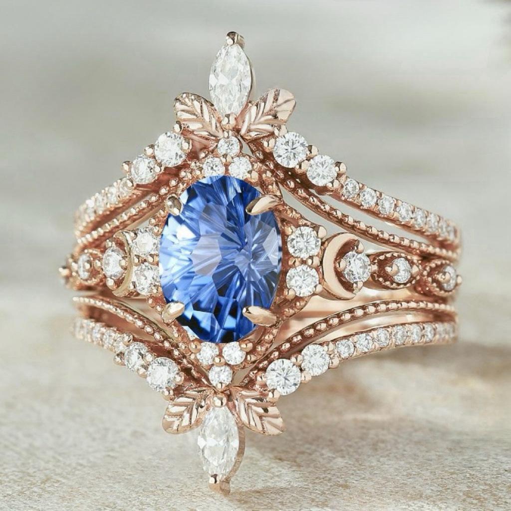 Luxury European and American Flower Pair Ring, Blue Zircon Crown Ring, Female Ring.