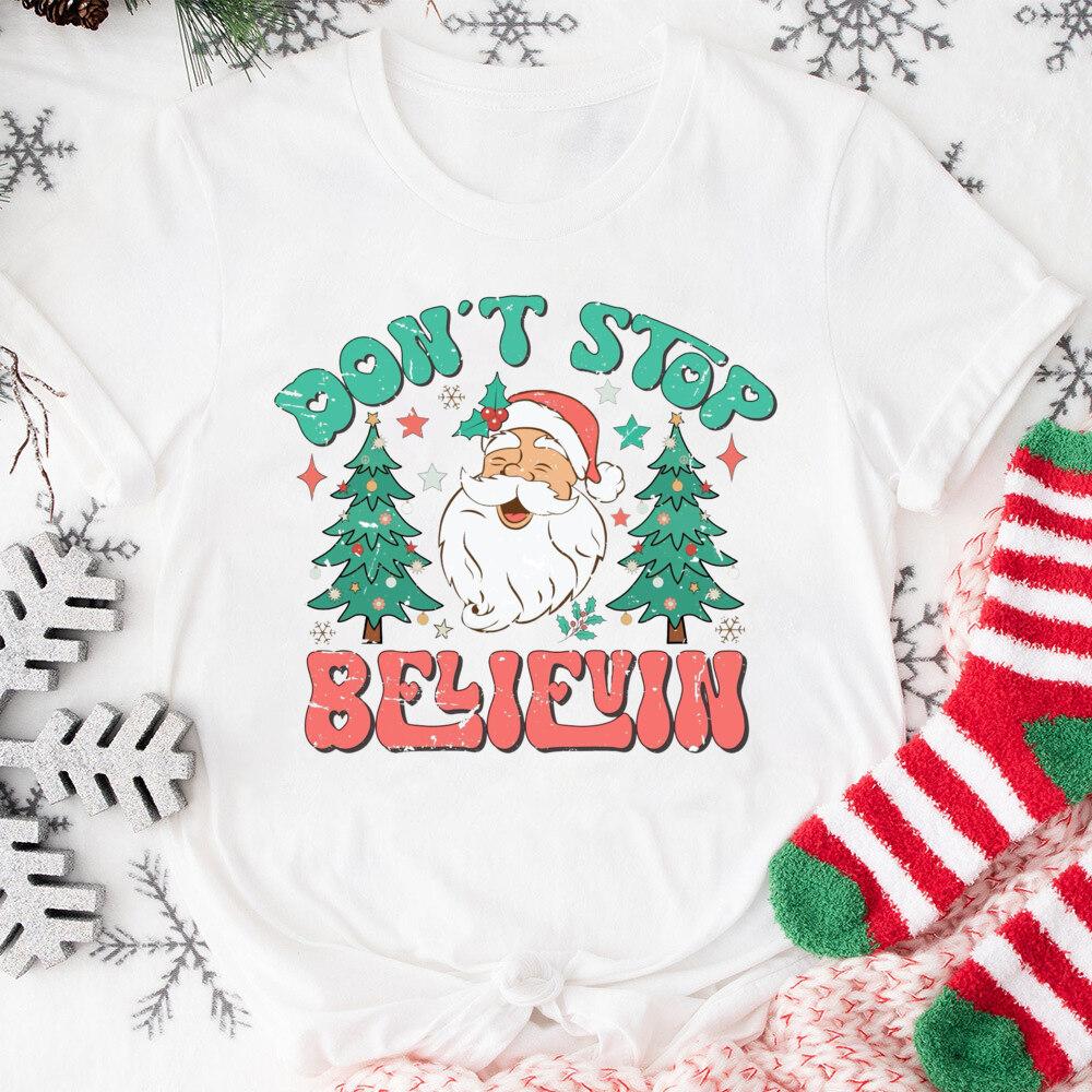 Merry Christmas Women Tshirts Santa Claus Pattern Short Sleeves Xmas Printed Summer Fashion Women Tops Casual Clothing