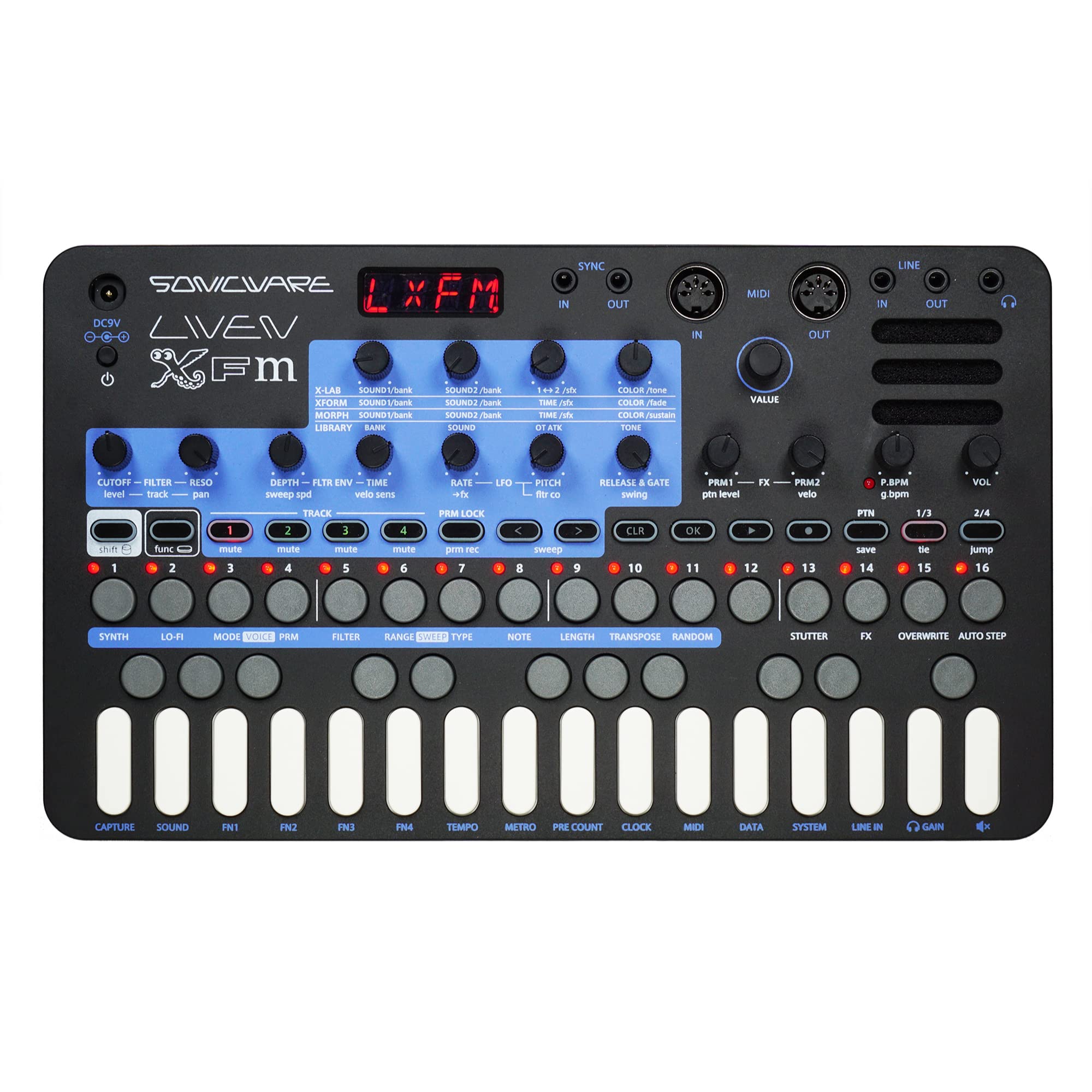 

SONICWARE LIVEN XFM Synthesizer Groove step 6 10 battery speaker [FM Box] 4-track sequencer, voices, effects, powered, built-in чорний