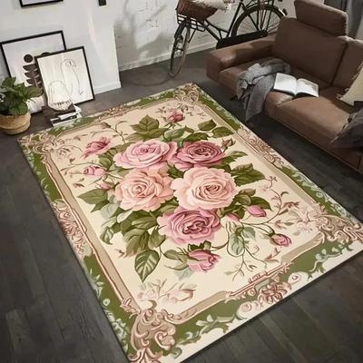 Rosa Blommig Mattmatta med Vintage Bårdmönster Mjuk Klassisk Hemdekoration Vardagsrum Sovrum Inomhus Dekorativ Matta