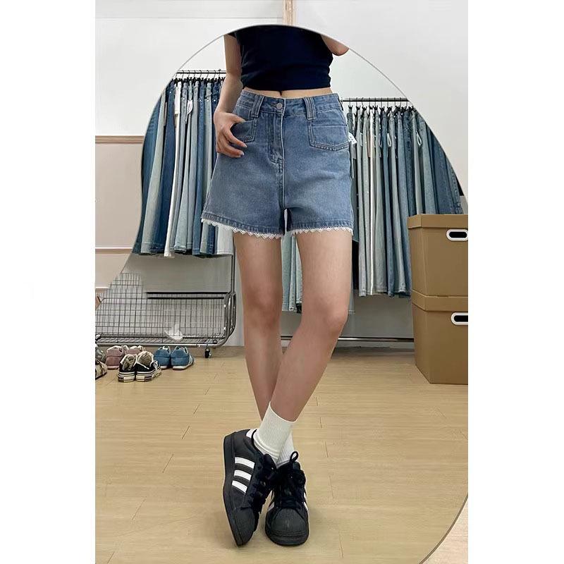 Damen Übergröße Hohe Taille Spitze Besatz Jeansshorts - Schlankmachende A-Linie Weiter Bein Sommer Heißhosen