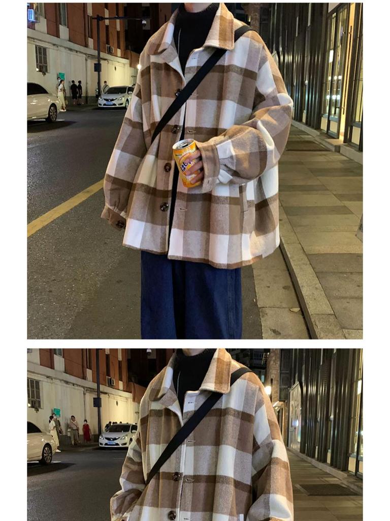 Men's Mid-Length Winter Plaid Wool Coat - Trendy Loose-Fit Windbreaker Jacket