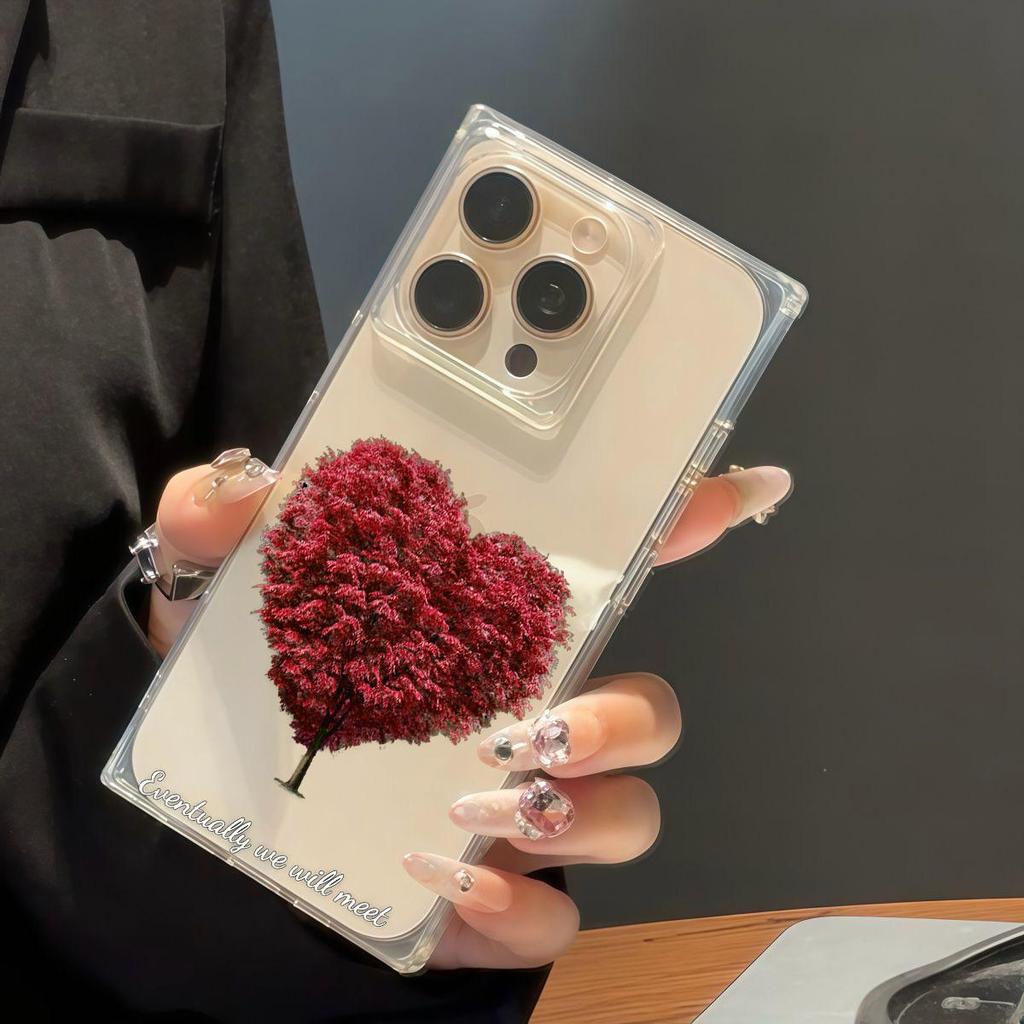 Square Back Tube Protection Clear Case For iPhone 15 Plus 11 12 14 Pro Max 13 16 ProMax Anti-Oxygen,Red Tree Love Pattern Casing