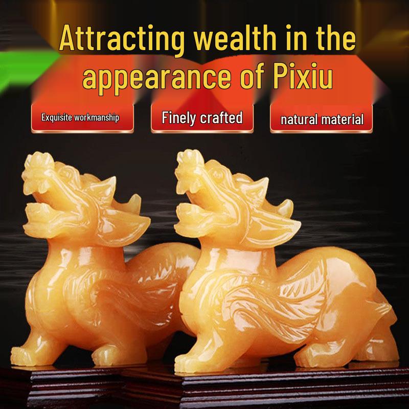 Beige and Yellow Jade Pixiu Desktop Ornament 8 cm, Pair