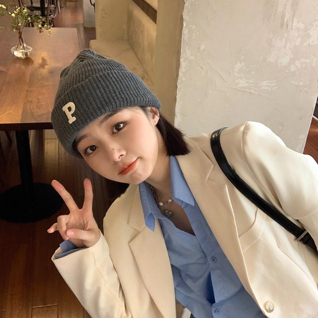 Women's Autumn and Winter Korean Version Ins Trendy Fashion Warm Men Versatile Student P Letter Casual Knitted Cold Hat