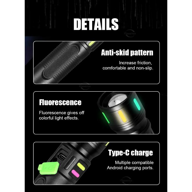High Brightness Flashlight with Built-in Battery, Fluorescent Strip, Rechargeable Aluminum Alloy ABS Light, Waterproof Hiking Camping Light