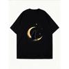 Rundhals T-Shirt Weiß Katze auf Mond und Sterne Druck Freizeitkleidung für Damen Sommer Outfit Streetwear Mode Top