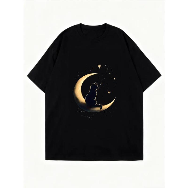 Rundhals T-Shirt Weiß Katze auf Mond und Sterne Druck Freizeitkleidung für Damen Sommer Outfit Streetwear Mode Top