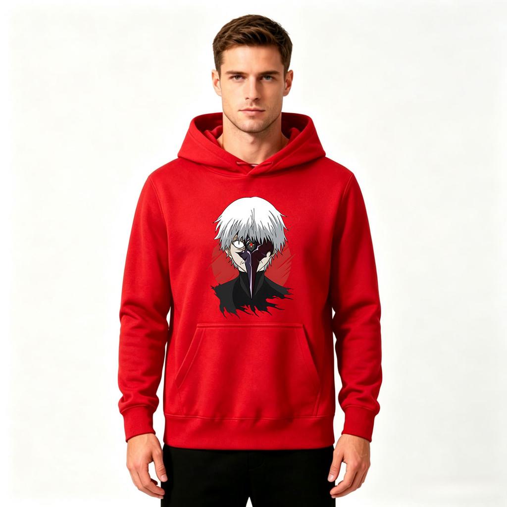 Herren Anime Print Pullover Hoodie Lässig Weißhaariger Ghul Charakter Langarm Sweatshirt