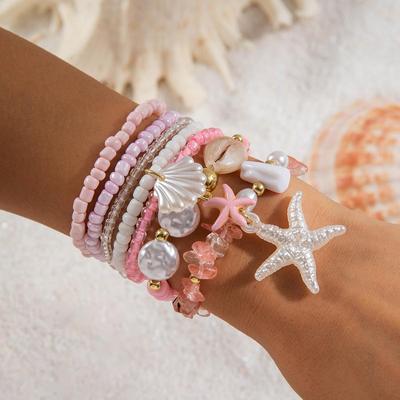 Fashionable Pink Girl Heartbreak Stone Rice Bead Bracelet for Women, Jewelry, Beach Vacation, Cute Bracelet Conch Pearl Jewelry