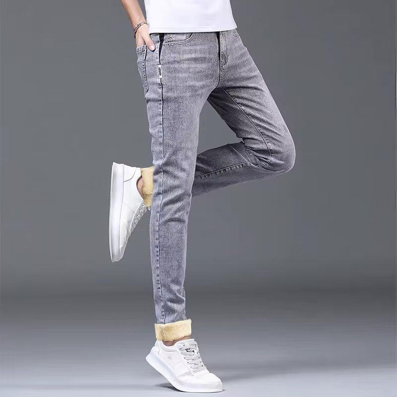 Jeans d'hiver pour hommes 2024 Doublés polaire Épaissis Coupe droite ajustée Amples Extensibles Garde au chaud Décontractés Pantalons longs pour hommes