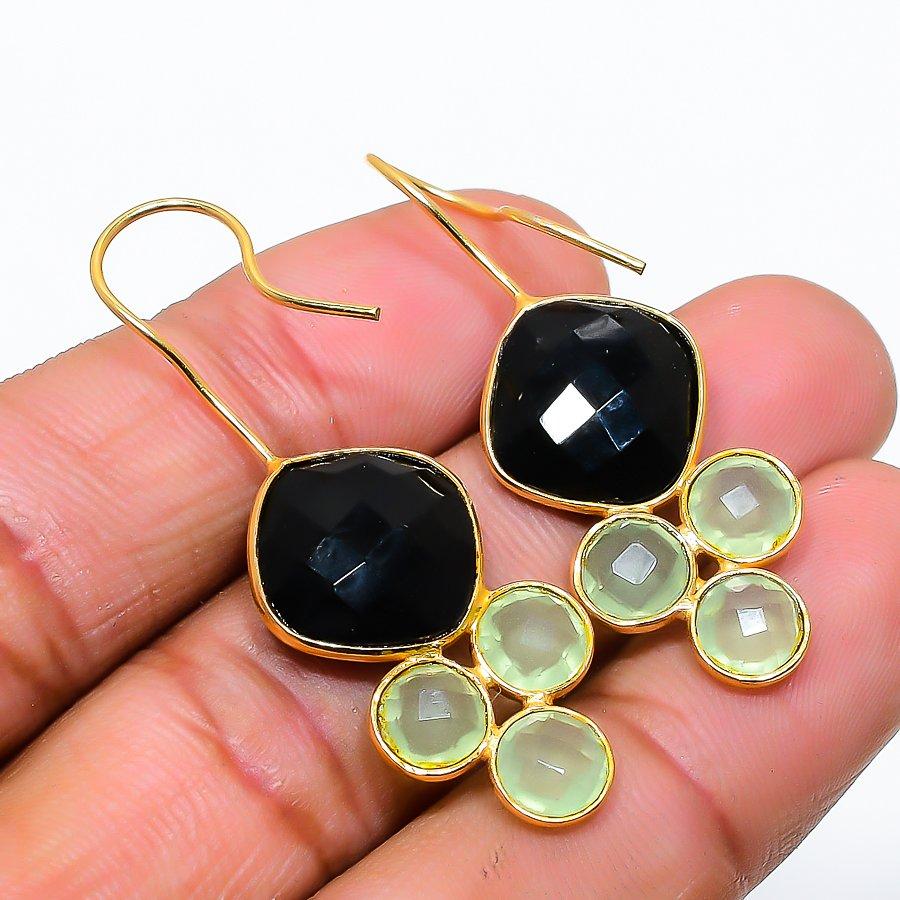 

Black Spinel, Prehnite 925 Solid Sterling Silver Jewelry Earring 1.58 GK-5843