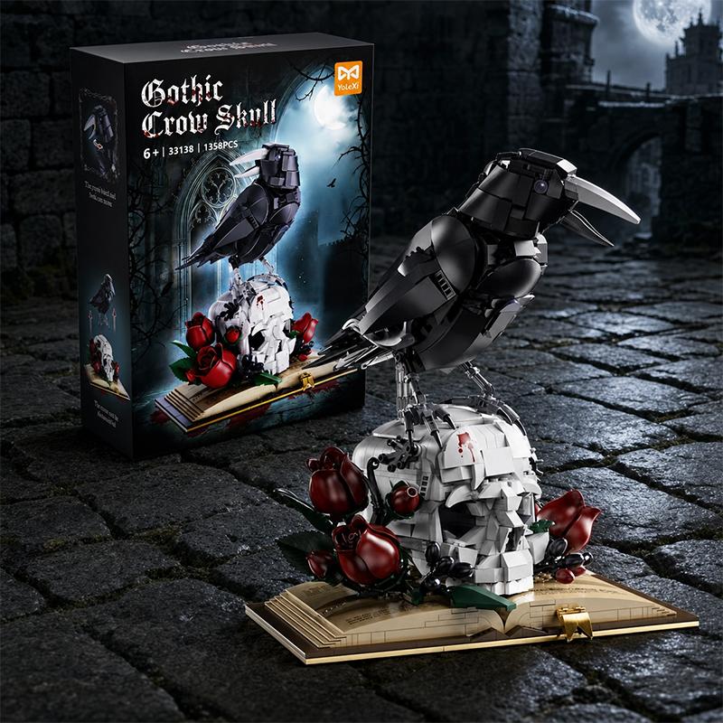 1358 Teile Gotischer Krähenschädel Magischer Krähe MOC Bausteine Set Gruselige Raben Zimmerdekoration Schreibtisch-Display Kreative Steine 3D Spielzeug Geschenke