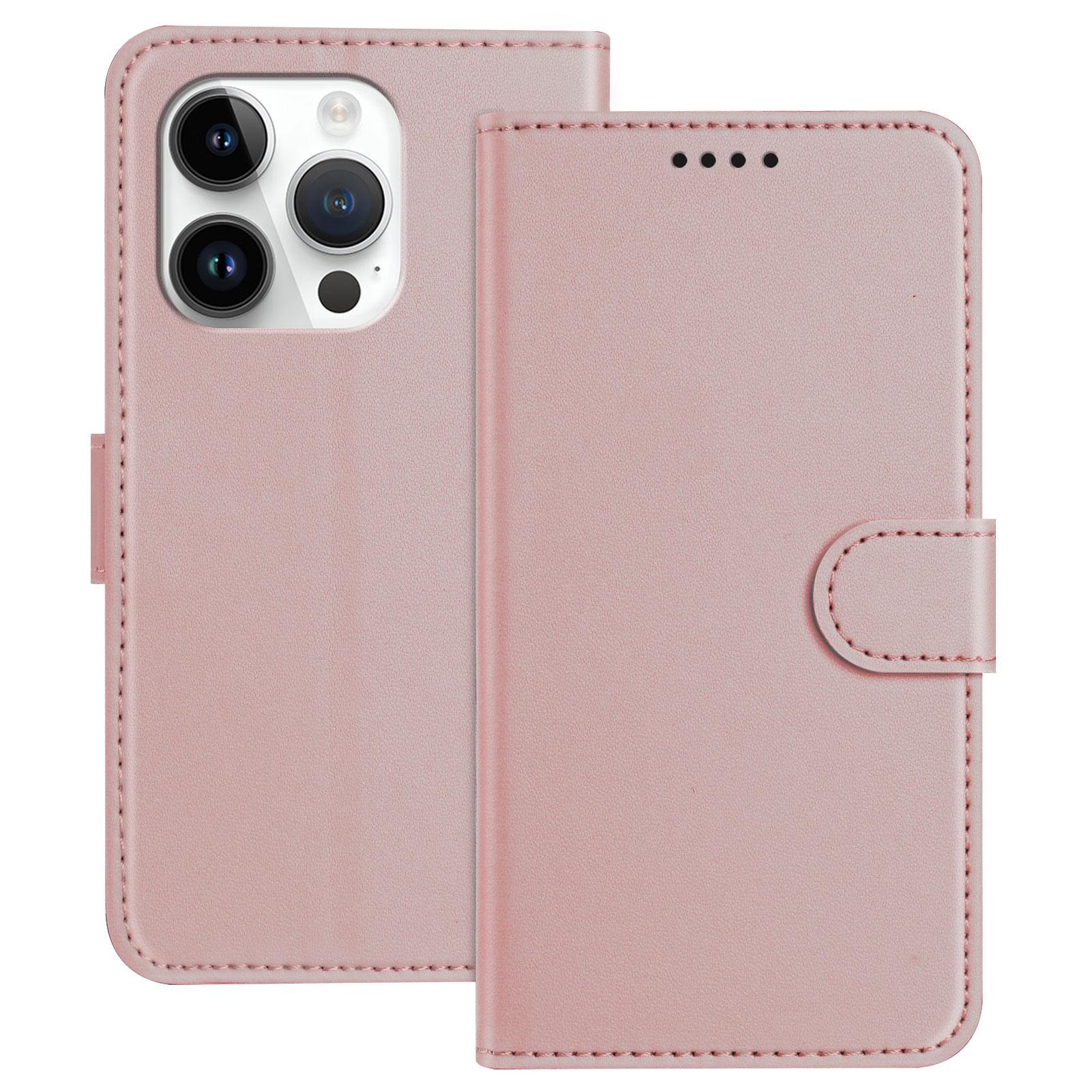 

For iPhone 15 Pro Leather Case Wallet Stand Solid Color Anti Drop Phone Cover Rose Gold