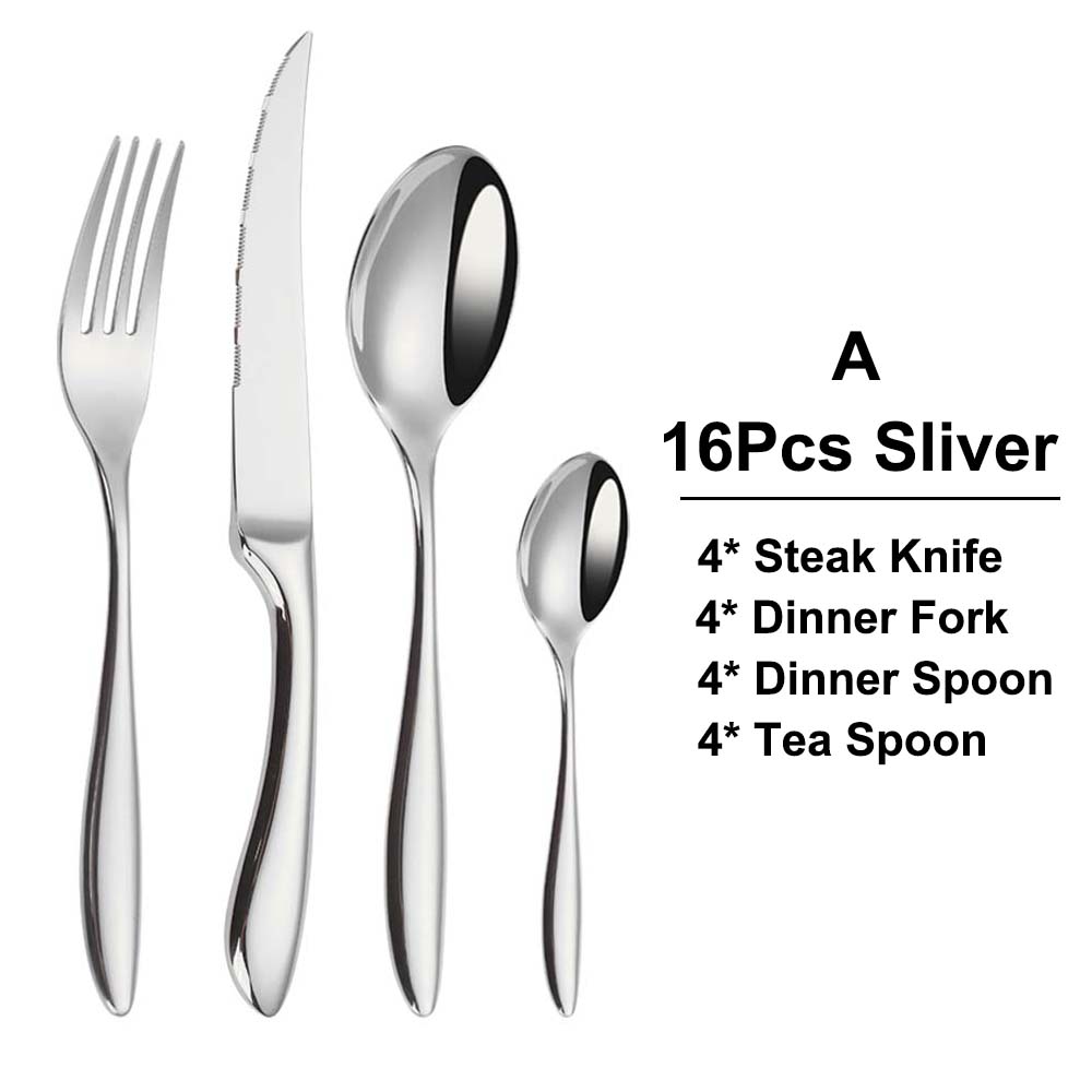 6/16/20/24Pcs Sliver Tableware Stainless Steel 304 Cutlery Set Mirror Fork Spoon Western Dinner Set Smooth Handle Flatware4