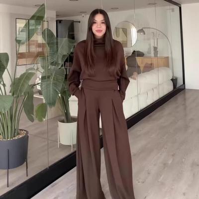 Spring 2026 Women's Outfit: Half-High Neck Long-Sleeve Top with High-Waisted Wide-Leg Pants