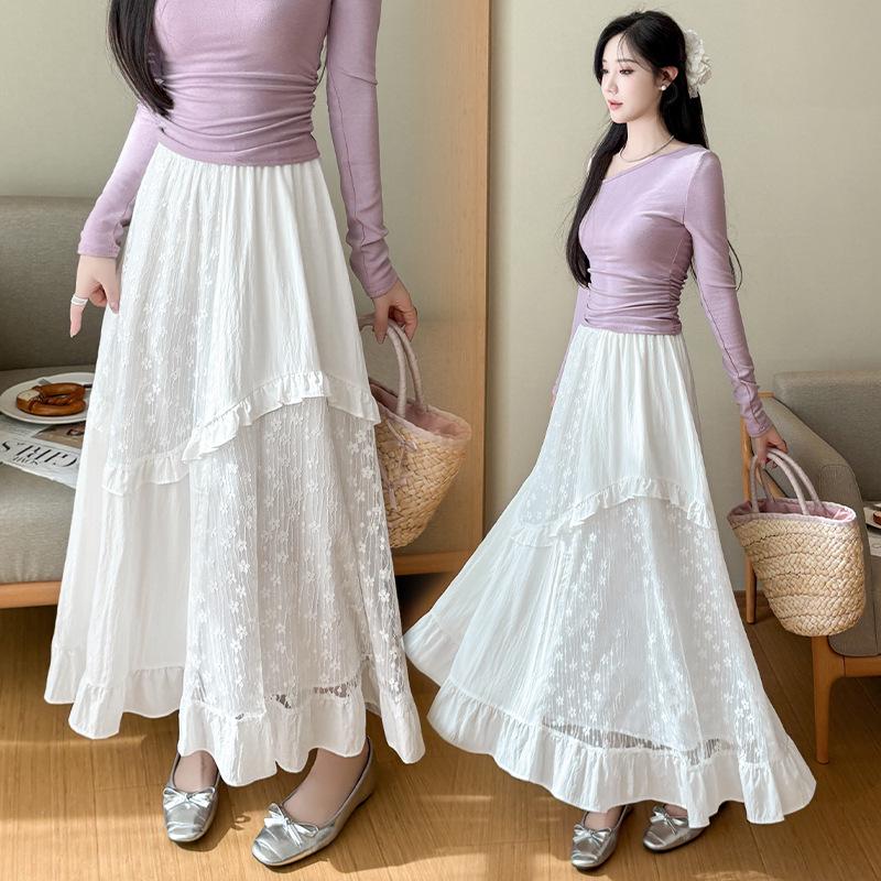 Женская белая кружевная многоярусная юбка-миди А-силуэта - Весна/Лето 2026 Medium белый