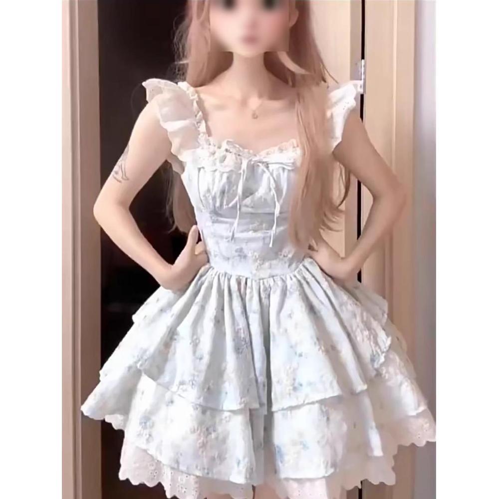 Waist puffy skirt cherry blossom weaving flower feather gentle floral dress sweet little flying sleeve princess cake skirt girl summer