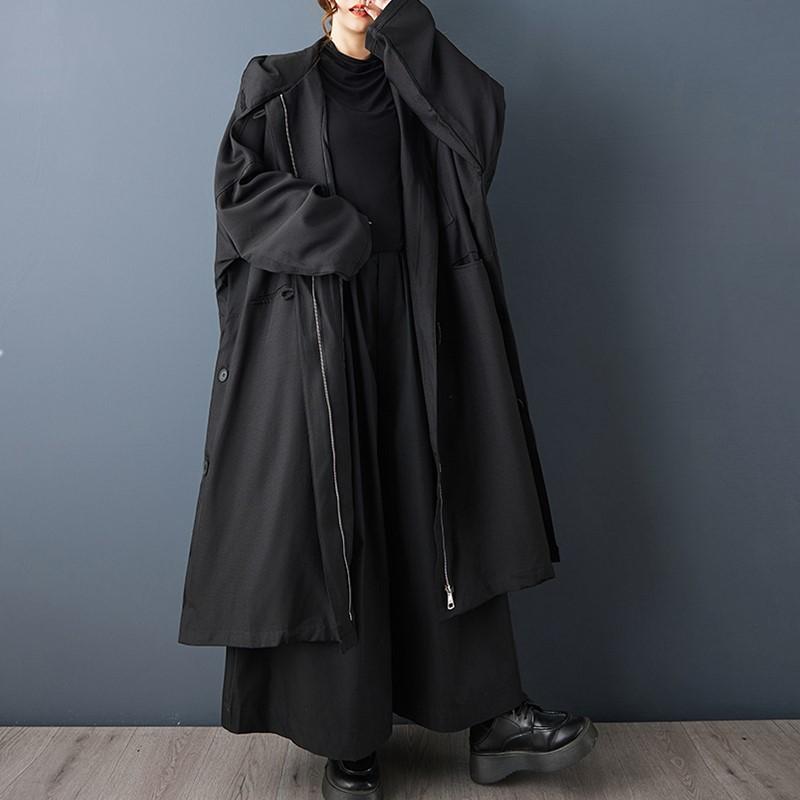 Long Sleeve Oversized Hooded Vintage Black Casual Loose Autumn Spring Winter Trench Coat for Women Outerwear