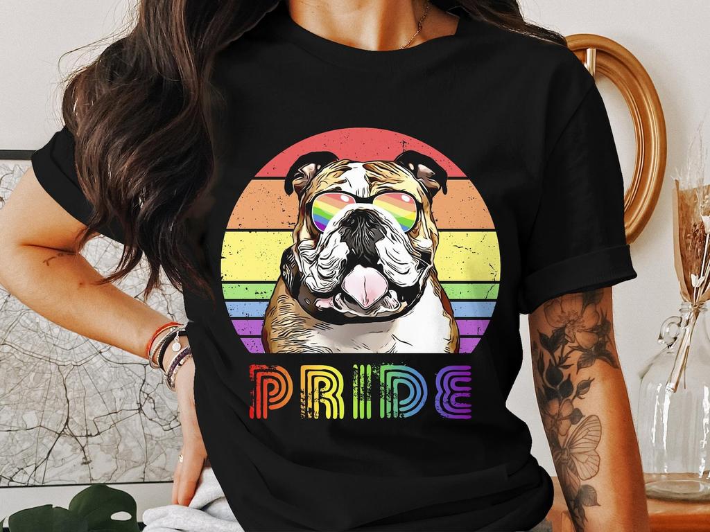 Colorful Pride Bulldog T-Shirt, LGBTQ Rainbow Flag Dog Lover Tee, Unisex Pride Month Festival Clothing, Gift for Dog Owners