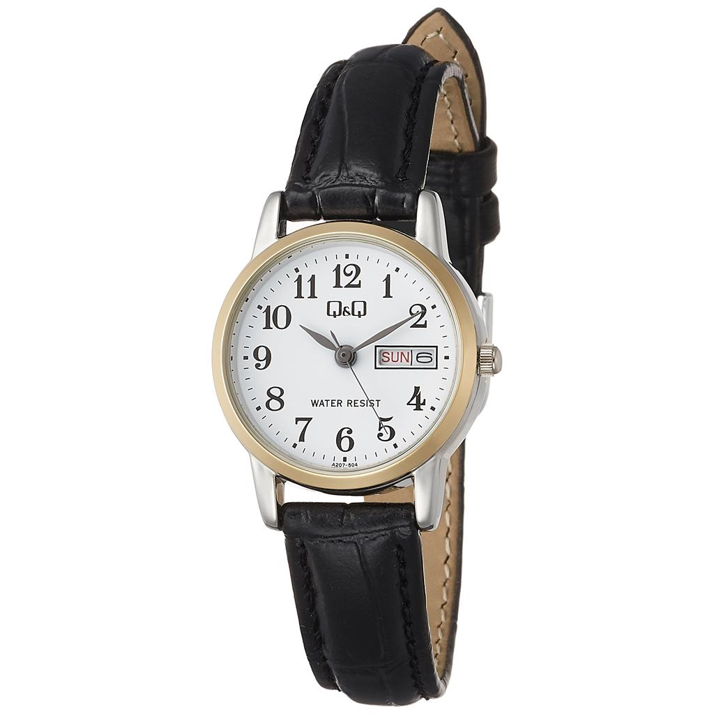 Citizen Q&Q Women's Analog Waterproof Watch with Date, Day Display & Leather Strap A207-504 White