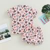 1-6Y Toddler Girls Cow Print Short Sleeve Button-Up Pajamas Top Shorts Summer 2PC Cotton Flower Pajamas Set