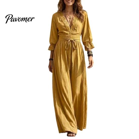 Bohemian Fall Dress Women V-Neck Lace for Fall, 3/4 Sleeves Maxi with Long Sleeve Belt, Solid Color Loose Casual Vacation Daily Wear