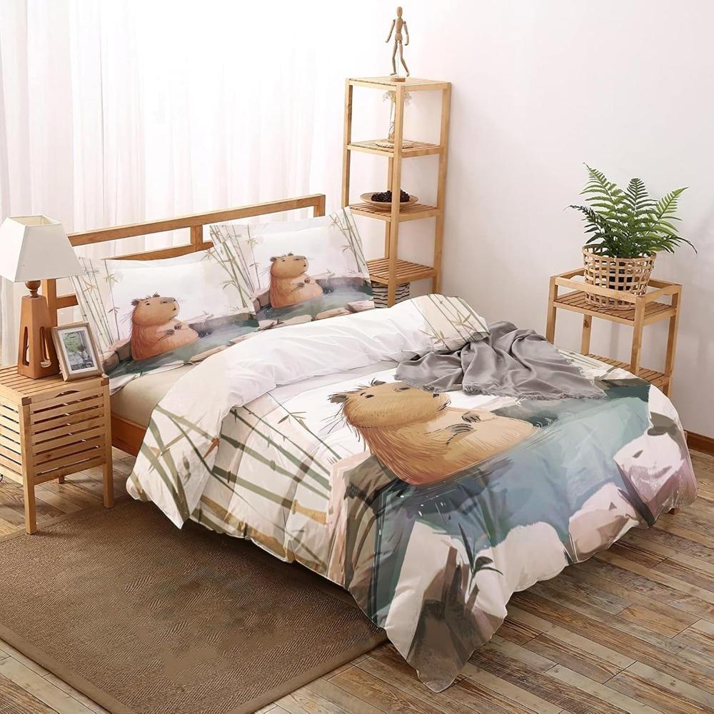 Cartoon Animal Capybara Motif Bed Linen,Microfibre Bedding Sets, Children's Bed Linen with Zip Room Decor  Duvet Cover