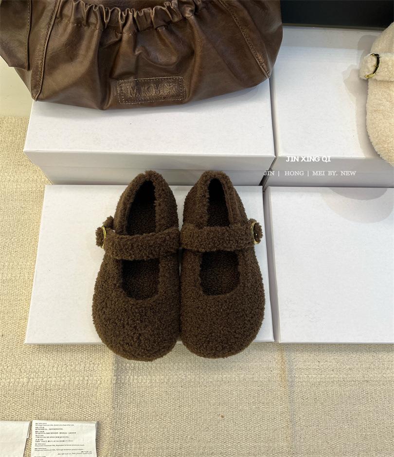 

белые плюшевые туфли на толстой подошве женская обувь носить 2025 новая осень и зима Мэри Джейн одинарные туфли плюшевые хлопковые туфли 39 коричневый