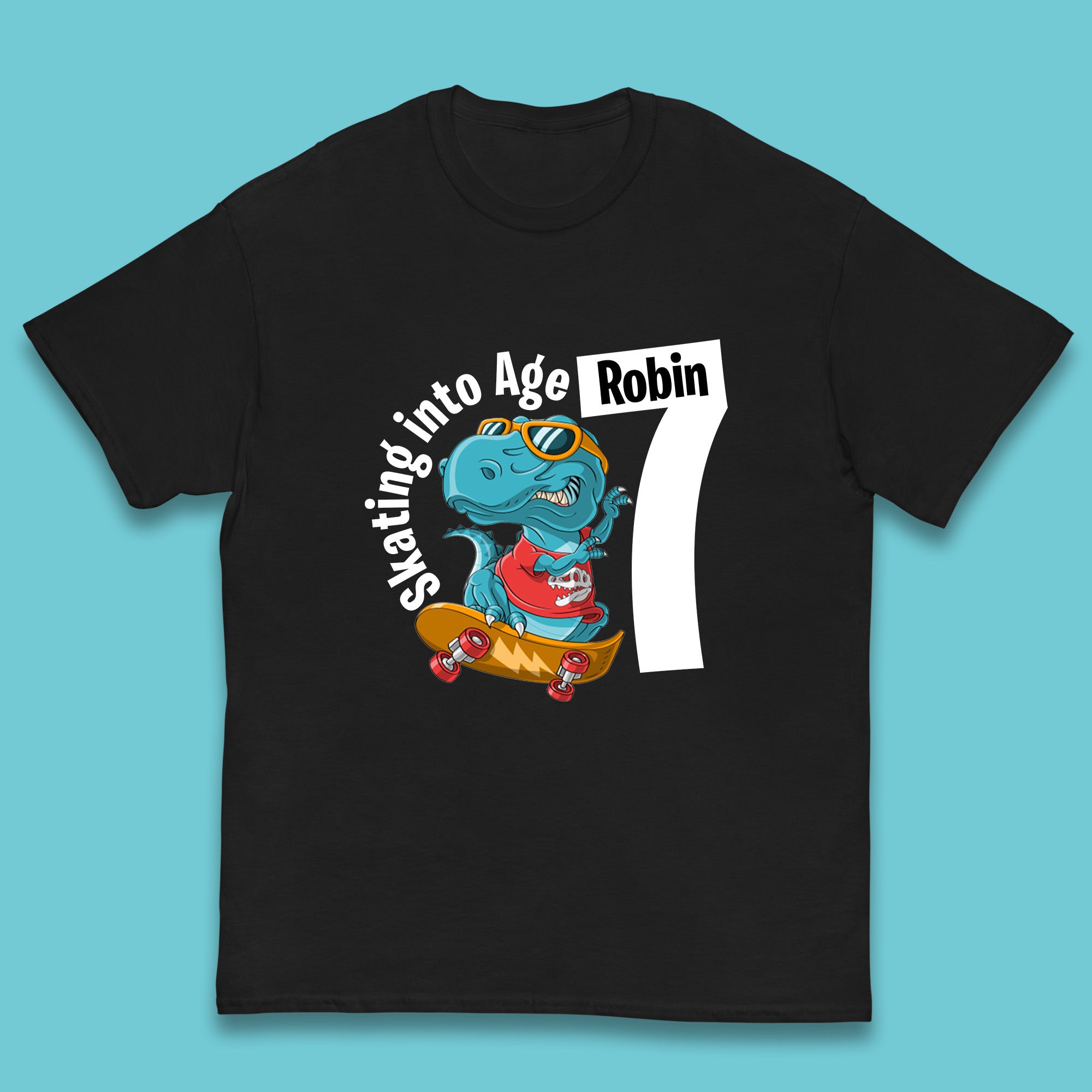 Personalised T-Rex Dinosaur Skating Your Name & Age Tyrannosaurus Skateboarding Dinosaur Riding On Skateboard Kids T Shirt 160