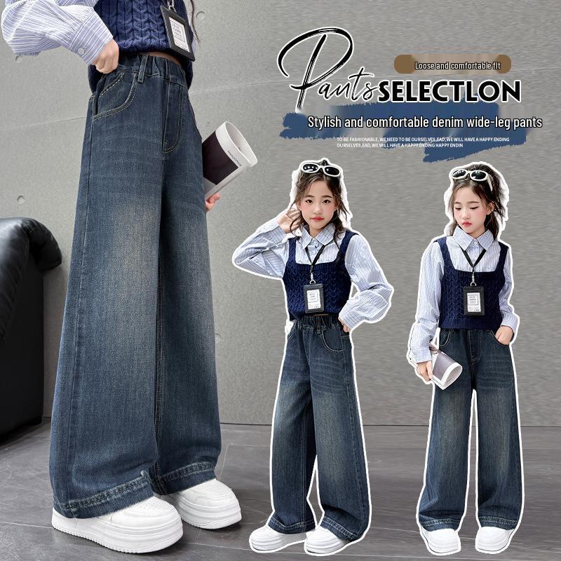 Girls' Stylish Wide-Leg Jeans with Pocket Embroidery - Autumn 2025 Collection