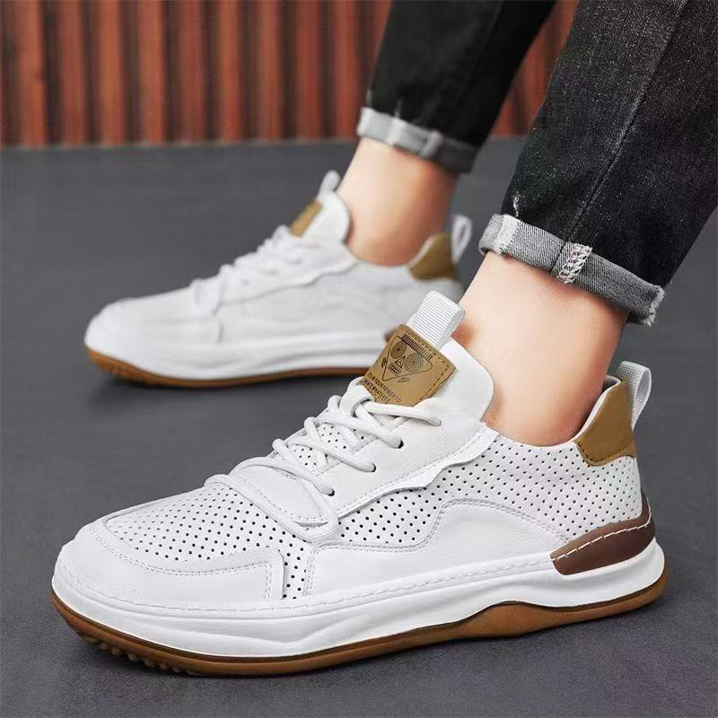 2025 new little white shoes soft sole not tired feet hollow breathable soft sole Korean version trendy shoes flat shoes men's high sense