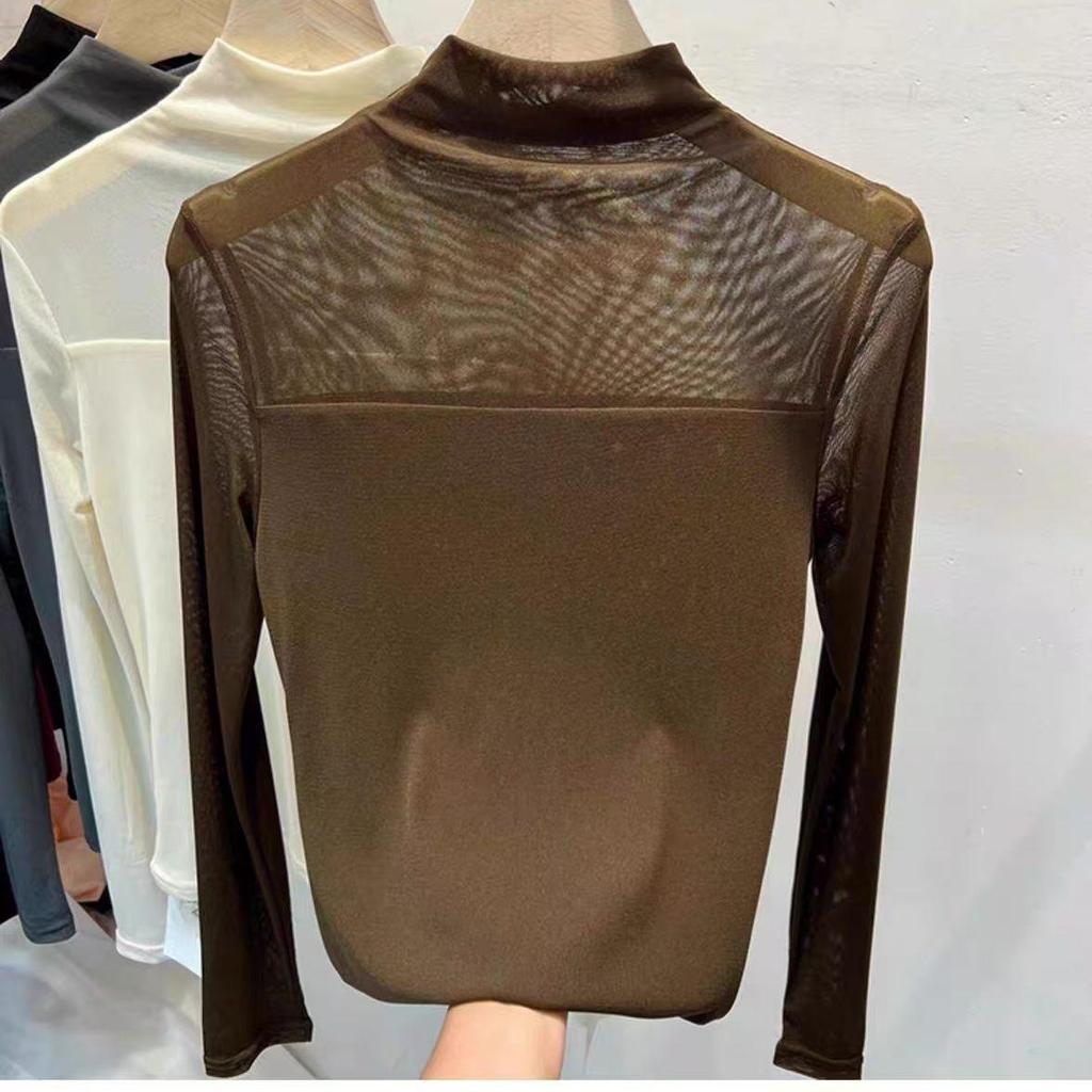 Women's Semi-High Neck Lace Mesh Top - Solid Color, Early Autumn 2025 Collection.