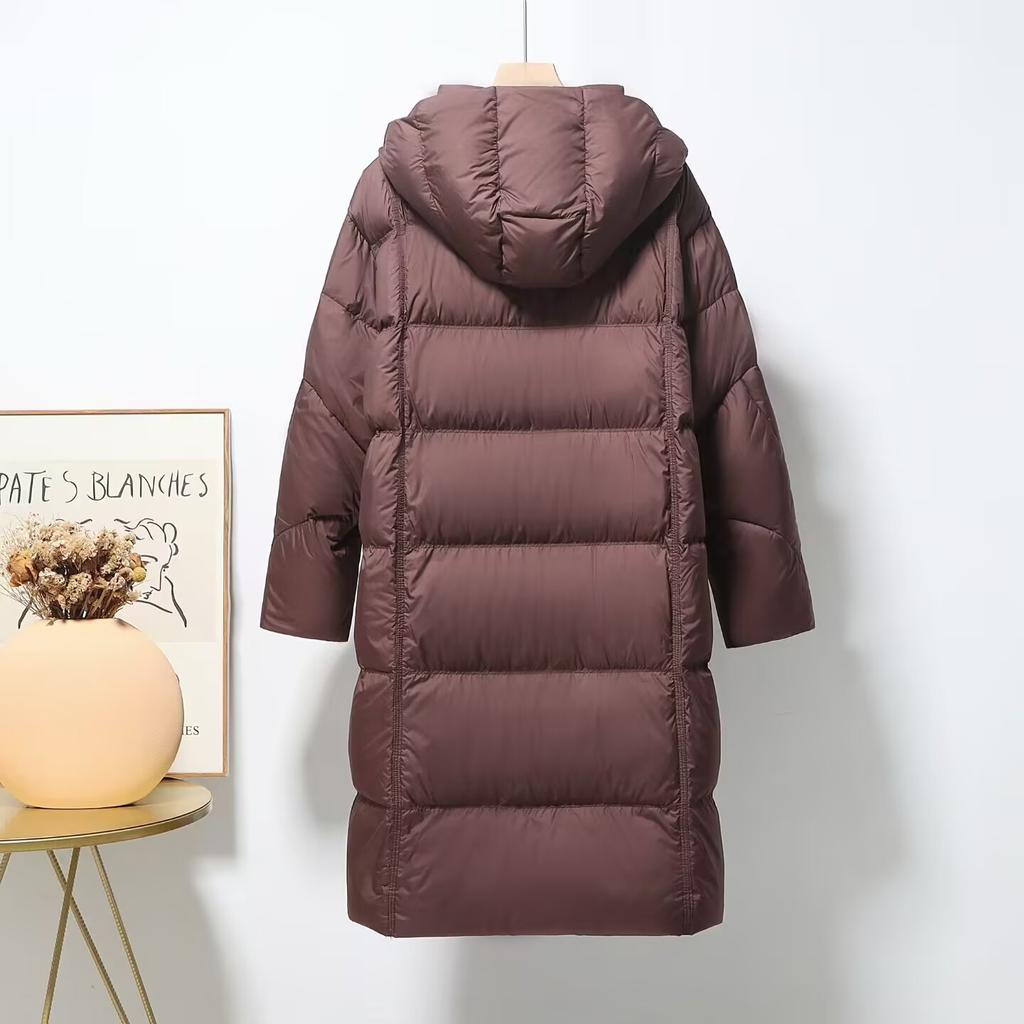 New Puff Down Jacket Women's Long Over Knee Simple Thickened Soft Waxy Warm Hooded White Duck Down Jacket