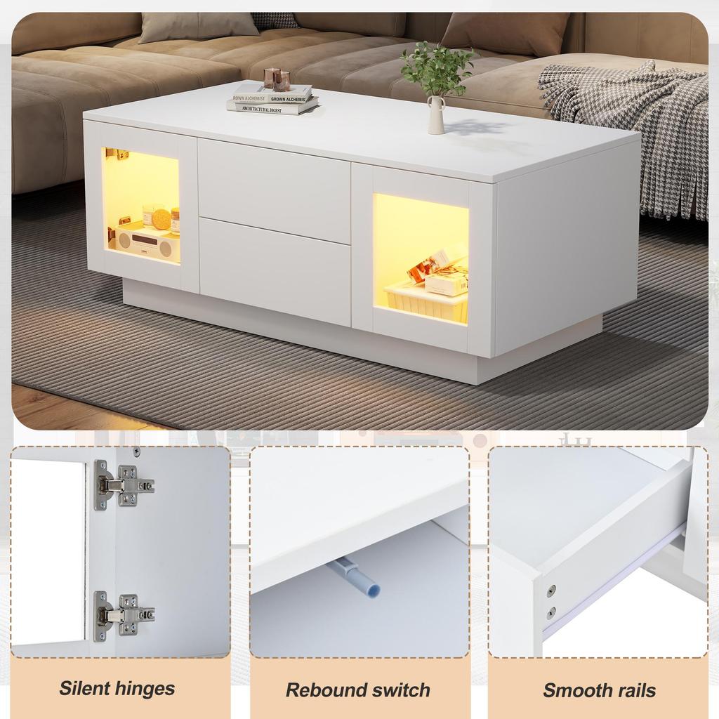 Hochglanz-Couchtisch, mit per mobiler App steuerbaren LED-Leuchten, Wohnzimmertisch mit Schrank, Sofatisch , Beistelltisch,100×50×40cm