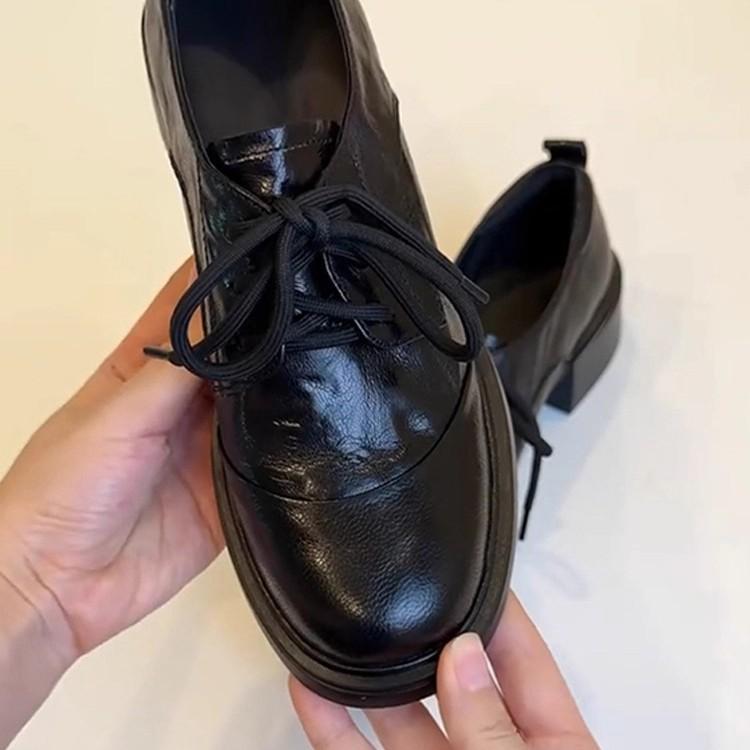 British retro round toe lace up loafers for women 2025 new coarse heel casual leather shoes for women