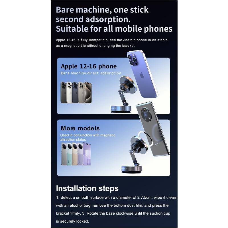 Magnetic Car Wireless Charger Phone Holder 360° Rotatable Phone Mount for Iphone Samsung Xiaomi Suction Cup Vacuum Foldable
