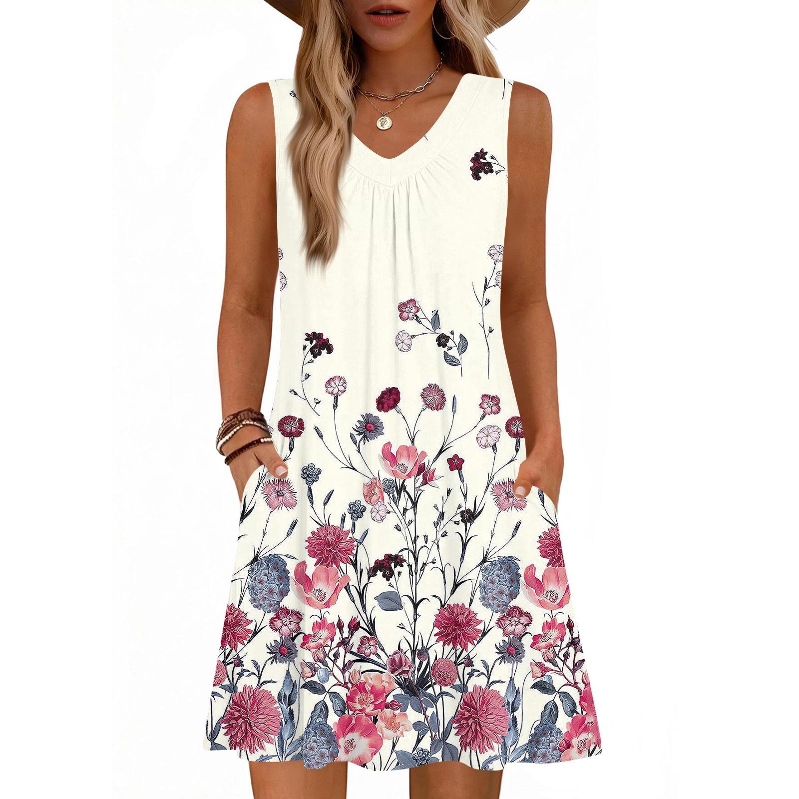 

Women s Fashion Printed Summer Sleeveless V-neck Tank Top Pocket Casual Loose Dress XL білий