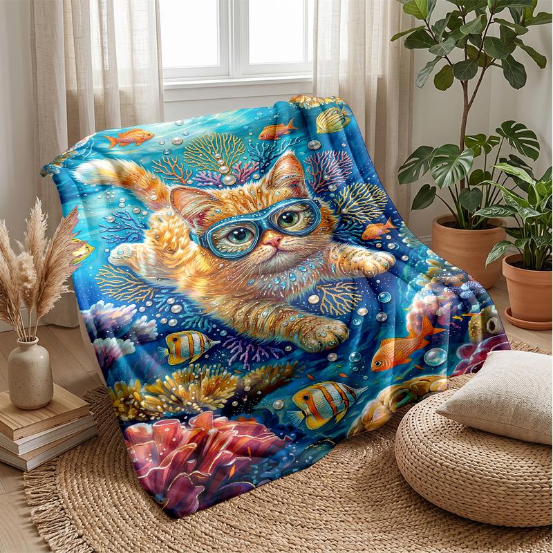 Underwater Cat Adventure 3 Theme blanket Lightweight Warm Flannel Blanket Decorative Throw Blanket for Home Decoration