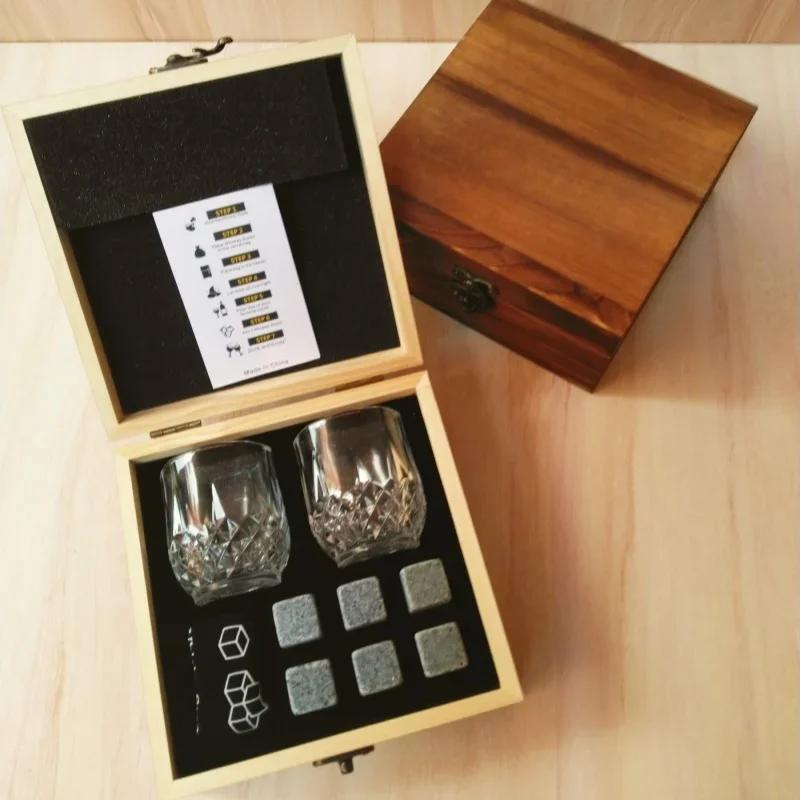 JUSTINLAU Father's Day Gift Whiskey Stone Glass Wine Set Granite Ice Block for Whisky Wood Bottle Box Present for Dad Husband