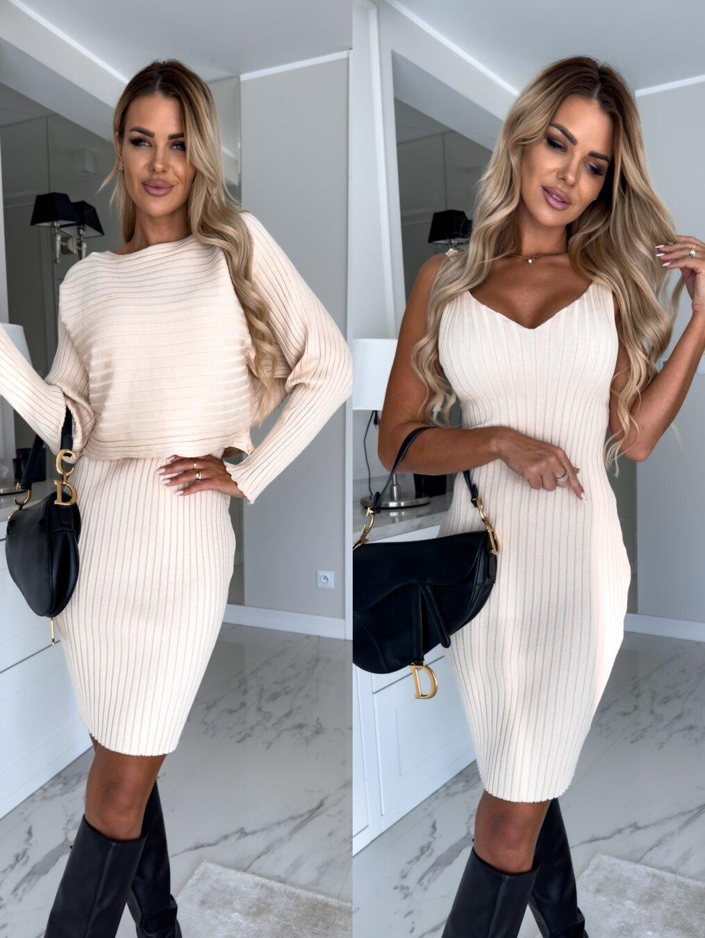 

Women s Fashion Set Winter Long Sleeve Top Strap Skirt Set XL бежевий