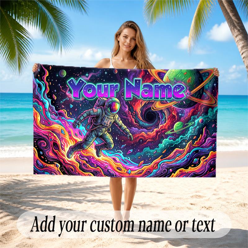 Astronaut Space Theme Quick Dry Beach Towel Custom Name Text Print Large Sand Resistant Towel Beach Vacation