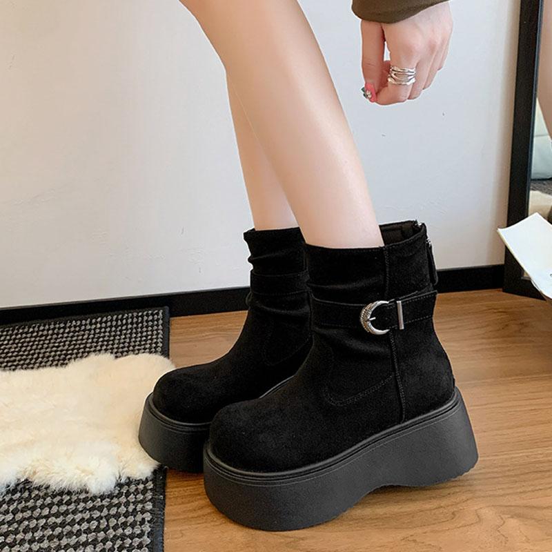 Fashion Retro Thick Bottom Heightening Boots Women's Shoes Autumn New Versatile Suede Solid High Heels Goth Chelsea Botas Ladies Shoes