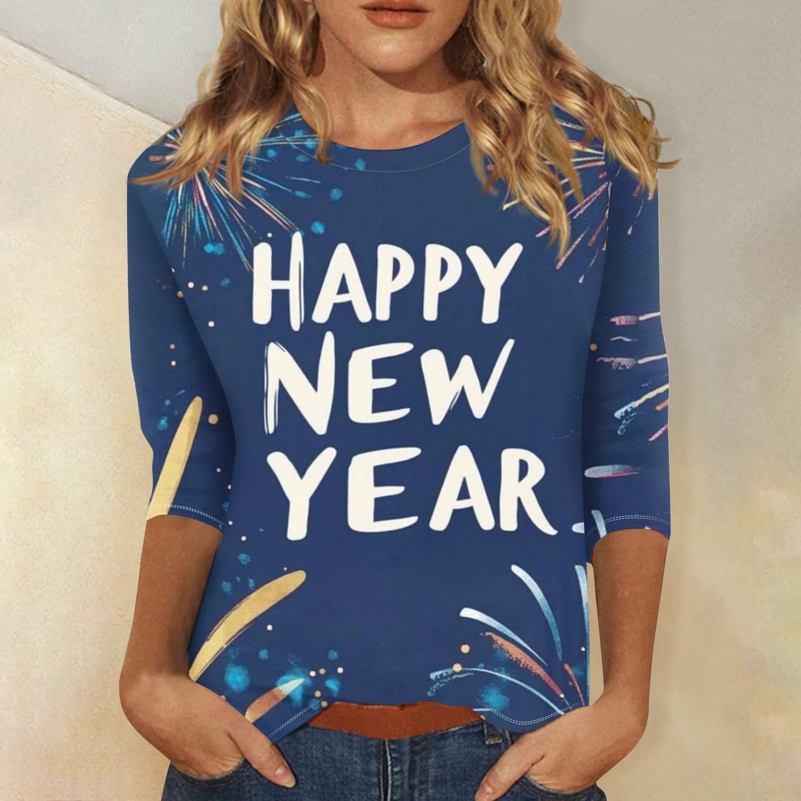 

Женская мода повседневная новогодняя принтованная круглая горловина с рукавом три четверти топ Новый год 2025 XL